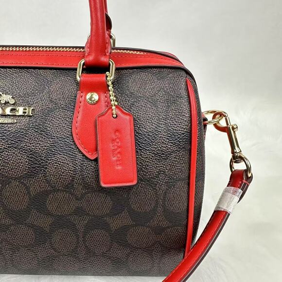 COACH Rowan Satchel Bag In Signature Canvas & Leather Walnut/Bold Red CV961 NWT - Picture 10 of 11